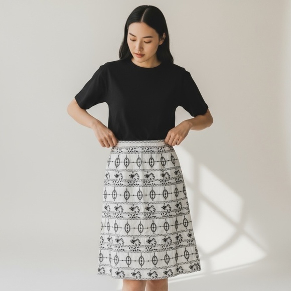 LOFT Embroidered Linen A-Line Skirt - white with brown embroidery, size 0